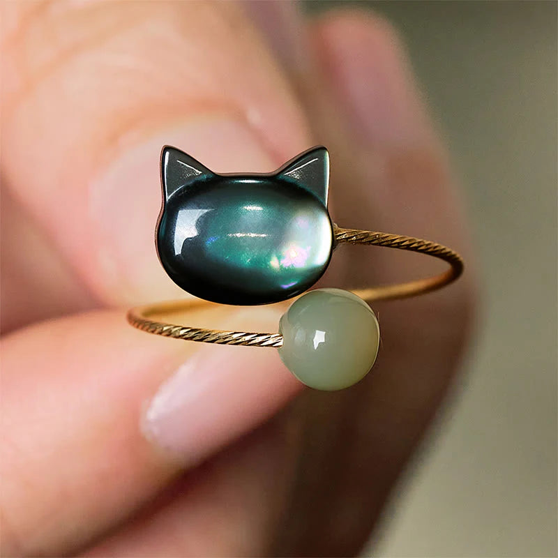 Buddha Stones Sending Protection and Charm Tridacna Stone Cat Ring Includes Gift Message Card
