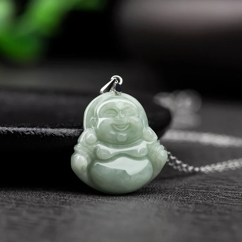 Buddha Stones Laughing Buddha Jade Blessing Titanium Steel Chain Necklace Pendant
