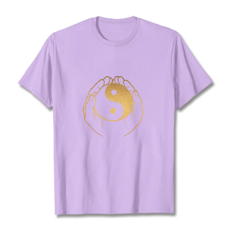 Buddha Stones Hands Holding A Golden Yin Yang Tee T-shirt