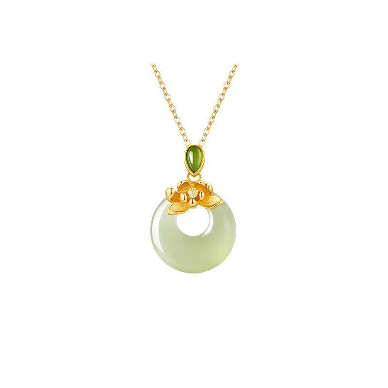 Buddha Stones 925 Sterling Silver Plated Gold Hetian Jade Lotus Luck Necklace Pendant