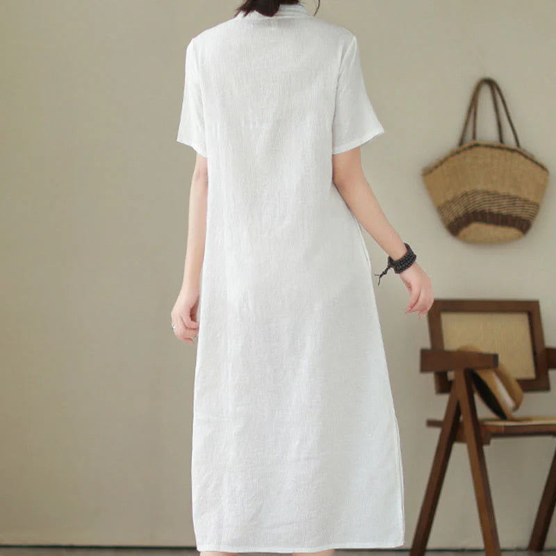 Buddha Stones Pure Color Short Sleeve Jacquard Chinese Cheongsam Qipao Midi Dress With Pockets