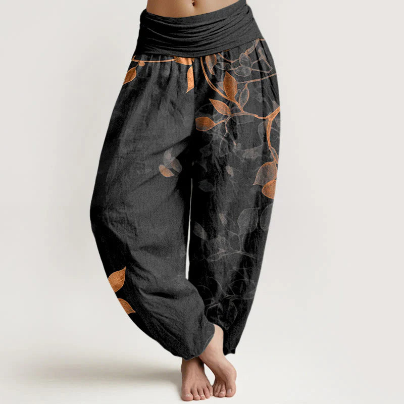 Buddha Stones Pure Cotton Softly Colored Leaves Pattern Women's Elastic Waist Harem Pants