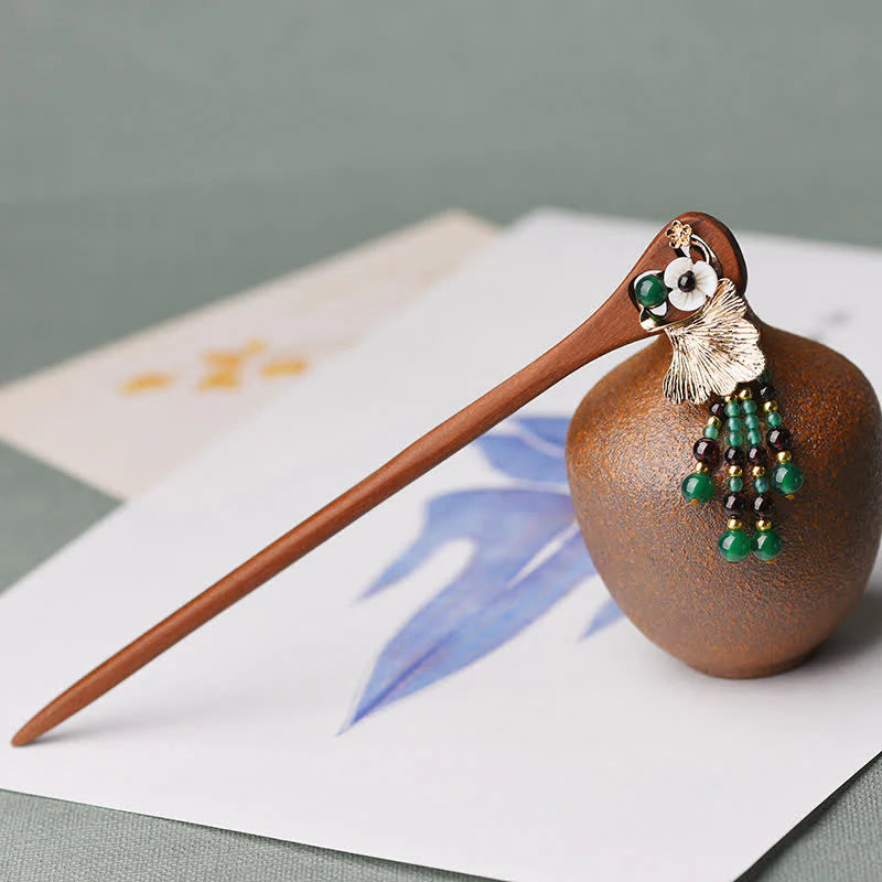 Buddha Stones Red Sandalwood Green Agate Ginkgo Leaf Protection Hairpin