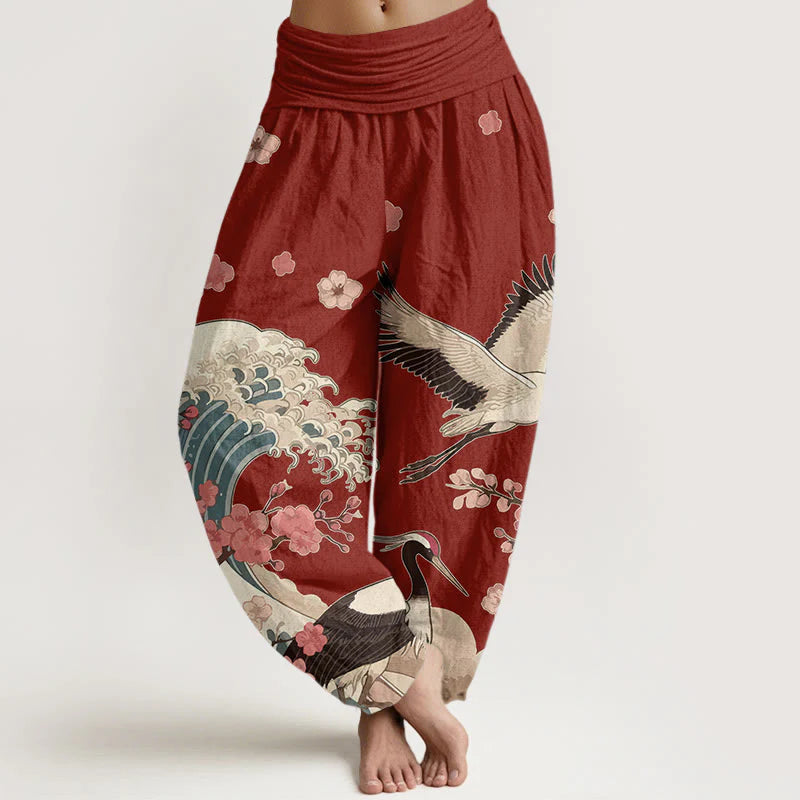 Buddha Stones Pure Cotton Cranes Peach Blossoms Ocean Women's Elastic Waist Harem Pants