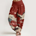 Buddha Stones Pure Cotton Cranes Peach Blossoms Ocean Women's Elastic Waist Harem Pants