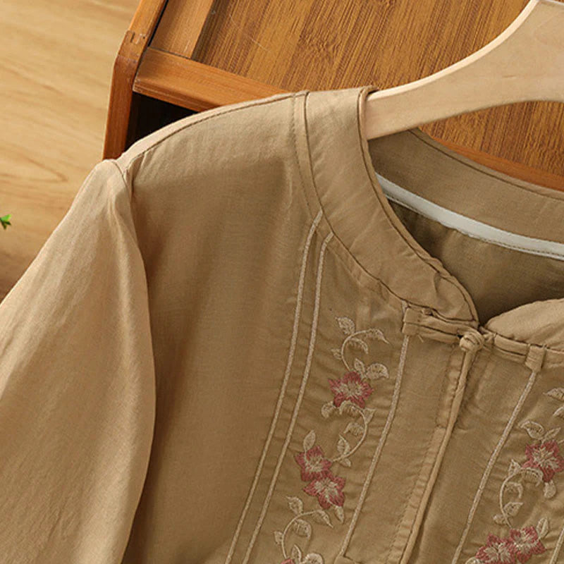 Buddha Stones Frog-button Stand Collar Embroidered Flower Elastic Cuff Three Quarter Sleeve Women's Shirt