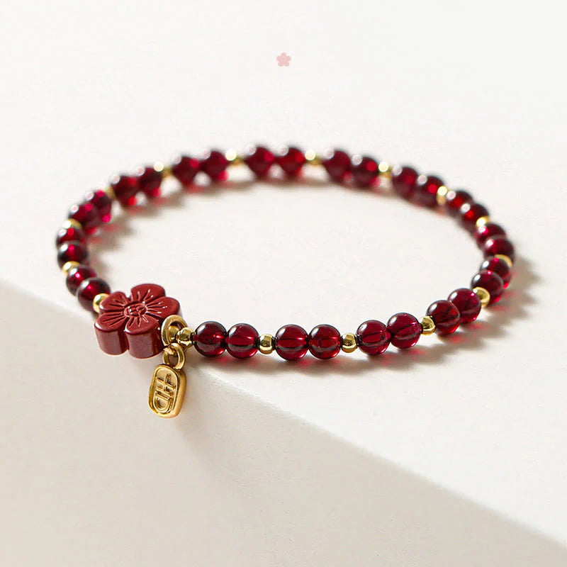 Buddha Stones 14K Gold Plated Natural Garnet Cinnabar Flower Calm Bracelet