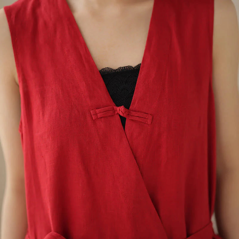 Buddha Stones Casual Lace-Up Simple Sleeveless Design Women's Cotton Linen Jumpsuit With Pockets