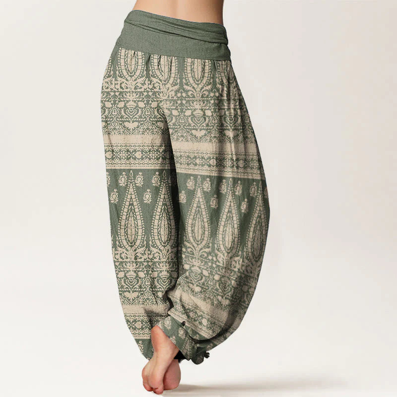 Buddha Stones Pure Cotton Casual Feather Stripes Design Women's Elastic Waist Harem Pants