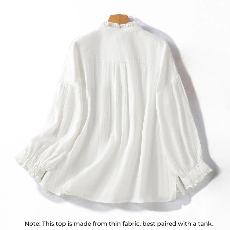 Buddha Stones White Ruffled Collar Long Sleeve Women's Cotton Shirt
