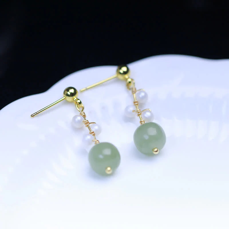 Buddha Stones Hetian Jade Flower Pattern 14K Gold Plated Luck Drop Dangle Earrings