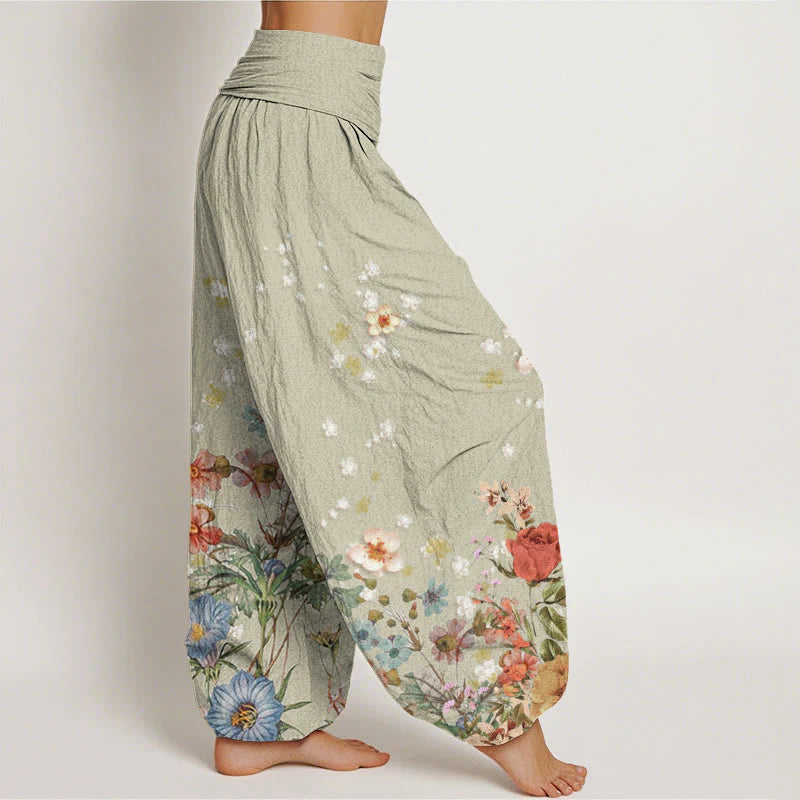 Buddha Stones Cotton Various Flowers Pattern Women's Elastic Waist Harem Pants