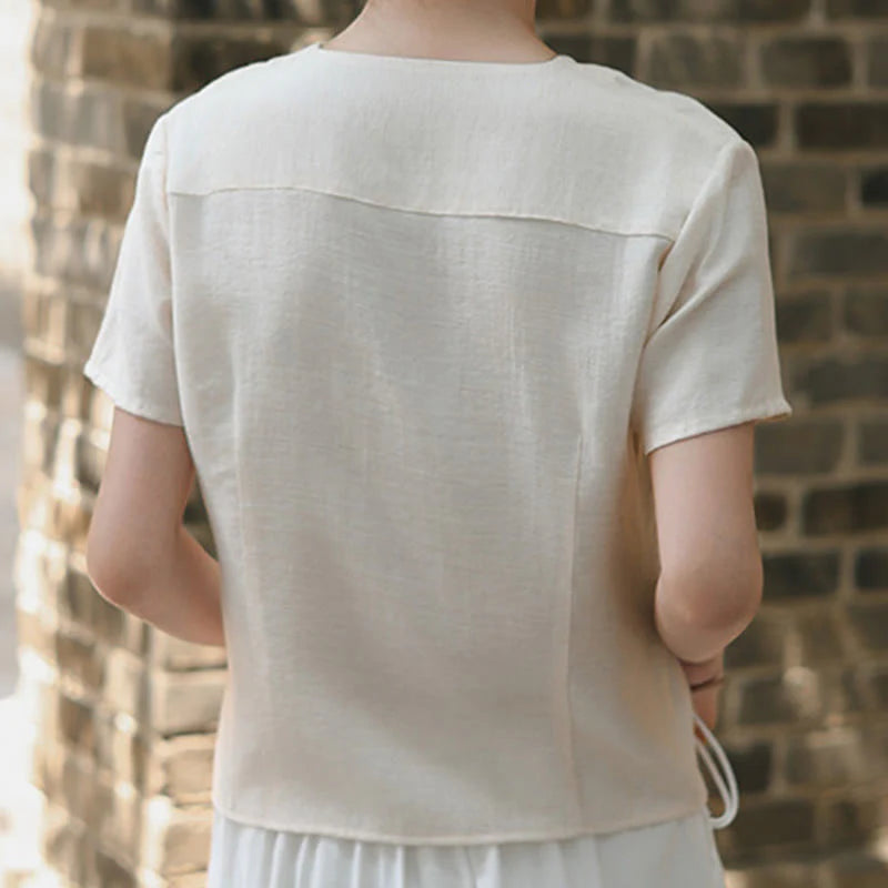 Buddha Stones Button Irregular Design V-Neck Cotton Linen Women's Short Sleeve Shirt