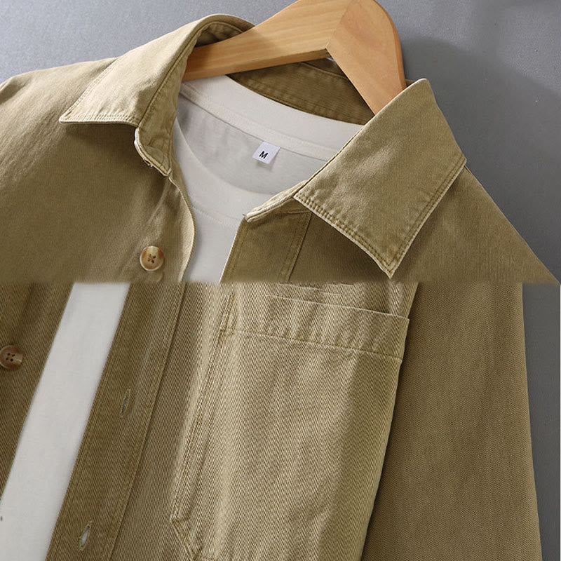 Buddha Stones Men's Pure Color Tassels Hem Design Cotton Long Sleeve Shirt With Pocket