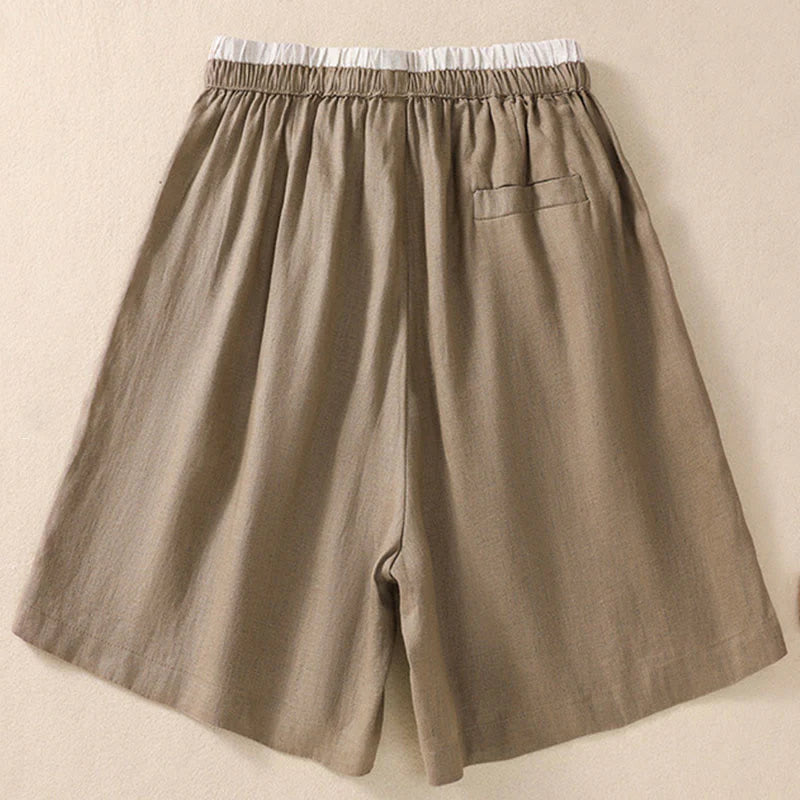 Buddha Stones Solid Color Contrast Color Waist Lace-up Cotton Linen Women's Shorts With Pockets