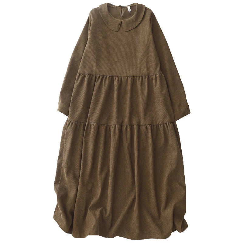 Buddha Stones Button Design Corduroy Peter Pan Collar Long Sleeve Midi Dress With Pockets