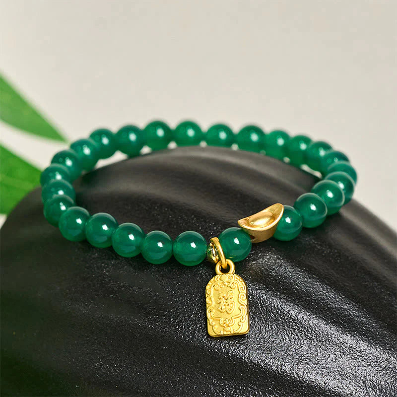 Buddha Stones Green Agate Ingot Fu Character Relaxation Hope Bracelet