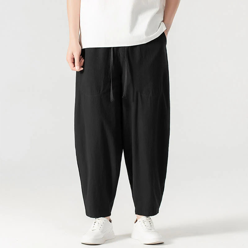 Buddha Stones Spring Fall Solid Color Drawstring Men's Ankle-Length Harem Pants With Pockets