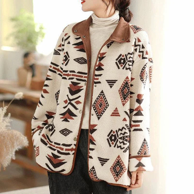 Buddha Stones Fall Winter Buttons Geometric Patterns Long Sleeve Cotton Women's Jacket