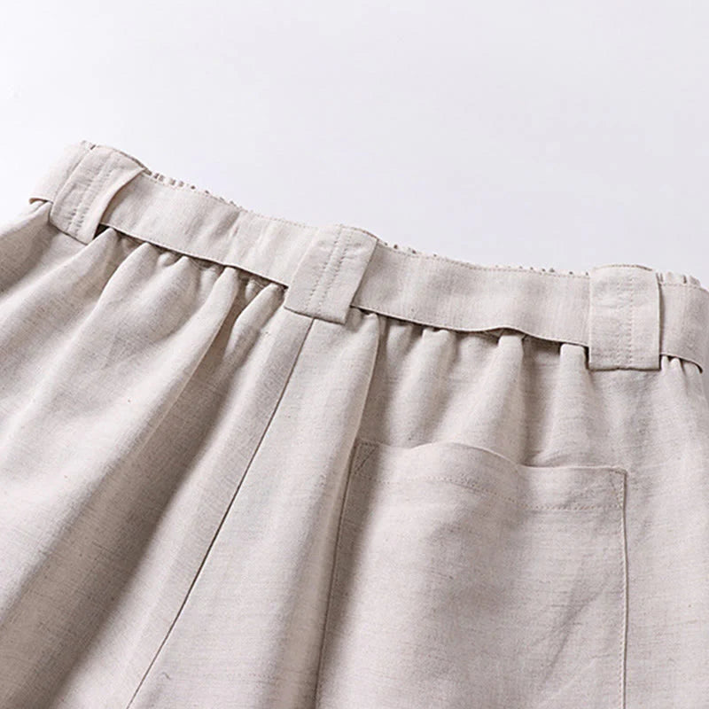 Buddha Stones Summer Zipper Elastic Waist Design Men's Cotton Linen Wide Leg Pants With Pockets