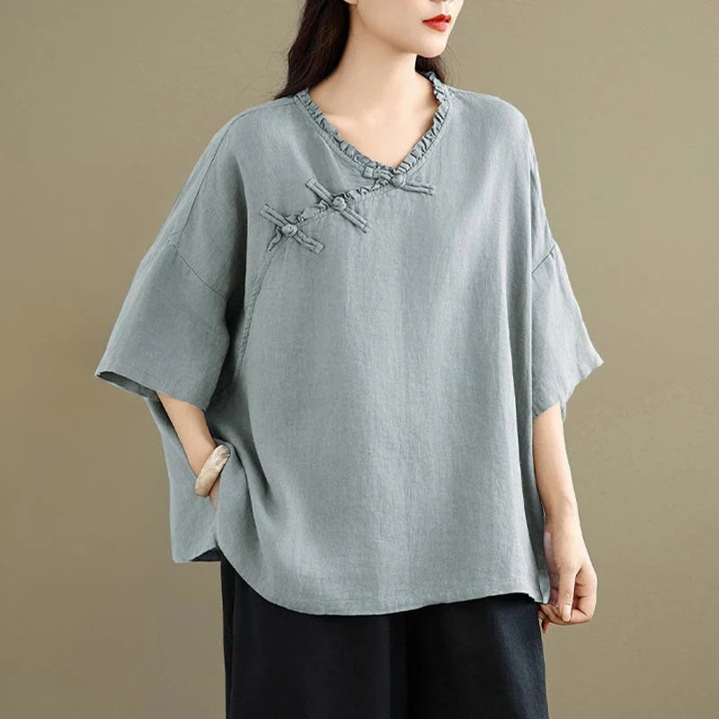 Buddha Stones Spring V-Neck Frog-Button Long Sleeve Plain Women's Cotton Shirt