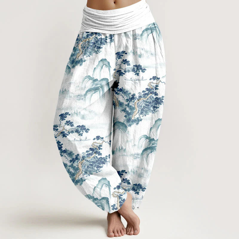 Buddha Stones Print Pine Trees Mountains Pattern Pure Cotton Women's Elastic Waist Harem Pants