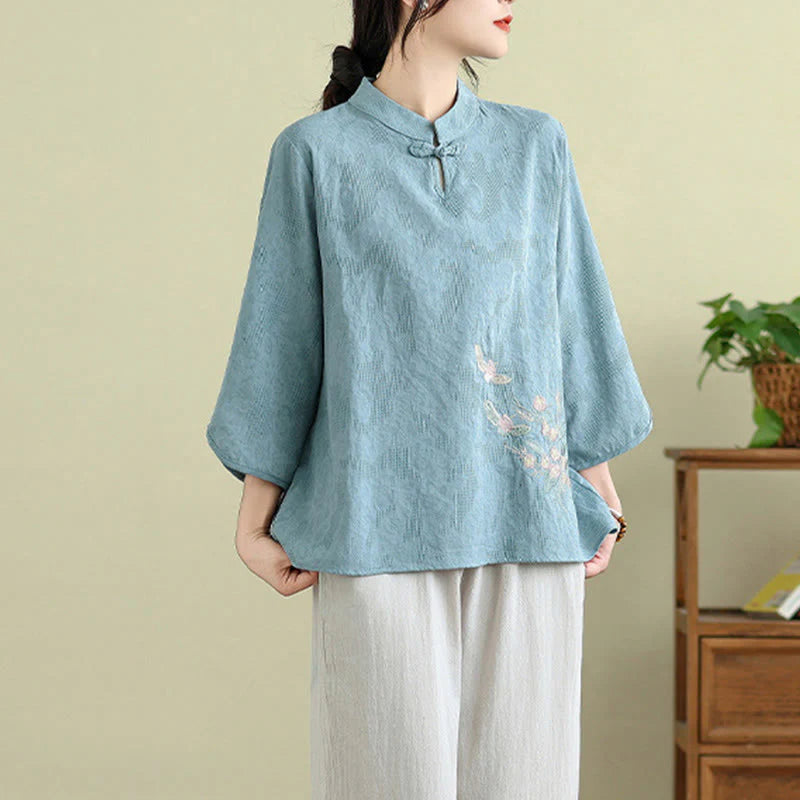 Buddha Stones Flower Embroidery Three Quarter Sleeve One Frog-Button Mandarin Collar Cotton Women's Shirt