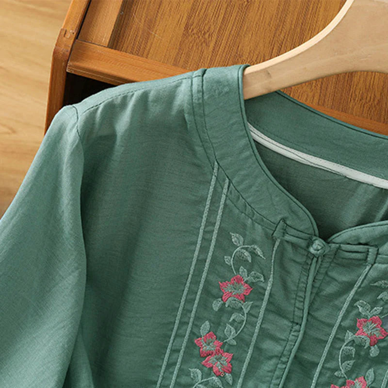 Buddha Stones Frog-button Stand Collar Embroidered Flower Elastic Cuff Three Quarter Sleeve Women's Shirt