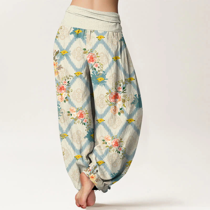 Buddha Stones Cotton Rose Geometric Colorful Flower Pattern Women's Elastic Waist Harem Pants