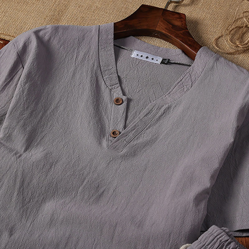 Buddha Stones 2Pcs Plain Notched Collar Short Sleeve T-Shirt Shorts With Pockets Cotton Linen Men's Meditation Cloth Set