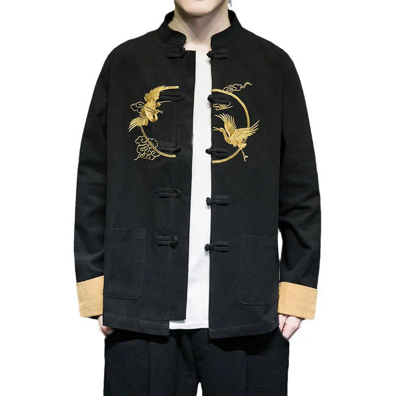 Buddha Stones Embroidery Cranes Pattern Frog-Button Men's Cotton Long Sleeve Jacket With Pockets