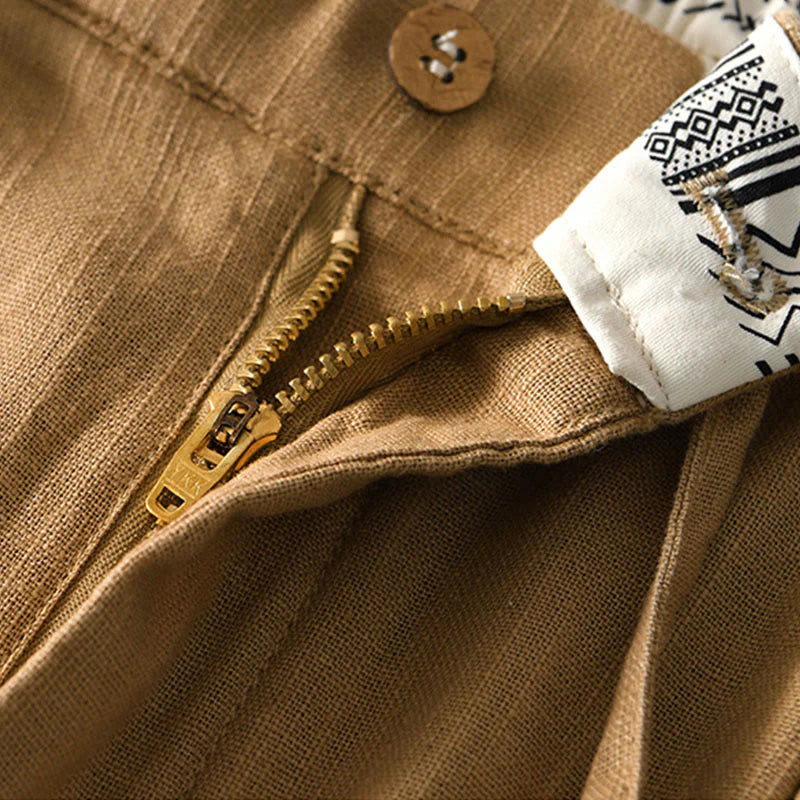 Buddha Stones Fall Solid Drawstring Zipper Men's Linen Wide Leg Pants With Pockets