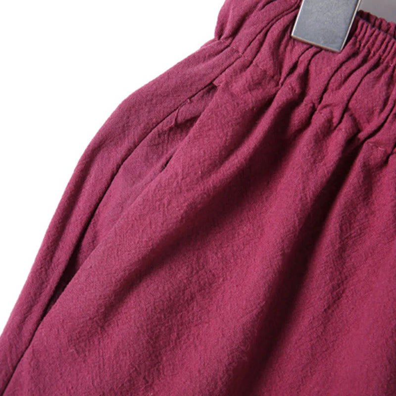 Buddha Stones 2Pcs Solid Color Men's Frog-Button Long Sleeve Cotton Shirt Pants Set With Pockets