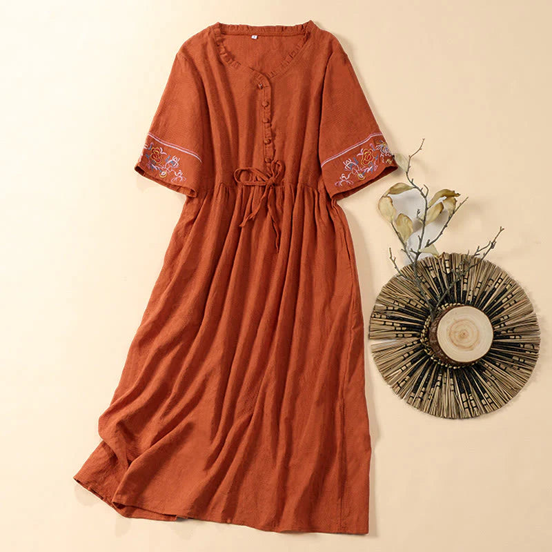 Buddha Stones Summer V-Neck Floral Embroidery Design Short Sleeve Cotton Midi Dress With Pockets