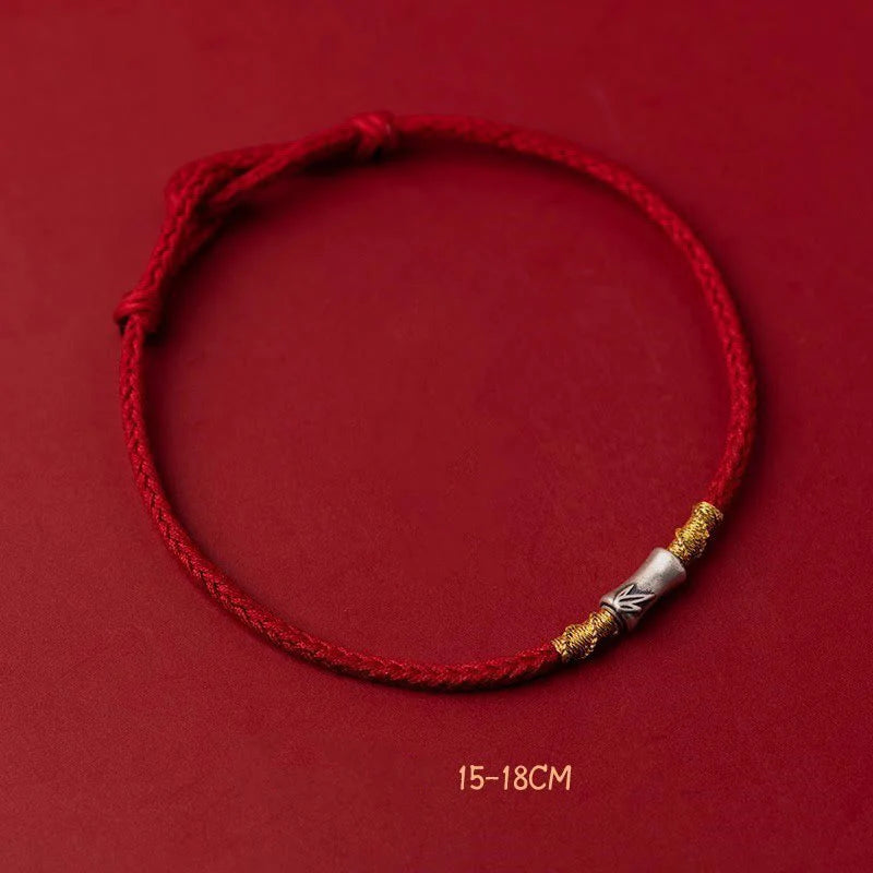 Buddha Stones Handmade 925 Sterling Silver Bamboo Design Red String Luck Braided Bracelet