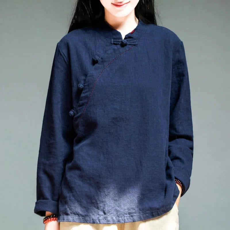 Buddha Stones Oblique Collar Knot button Loose Linen Clothing