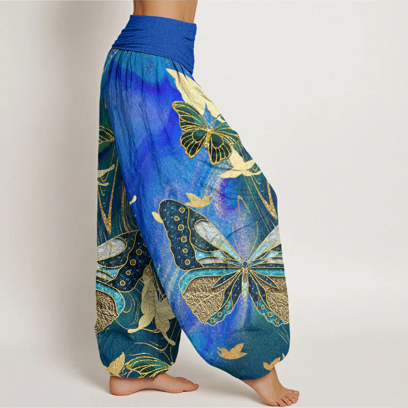 Buddha Stones Cotton Casual Butterfly Gold Line Pattern Women's Elastic Waist Harem Pants
