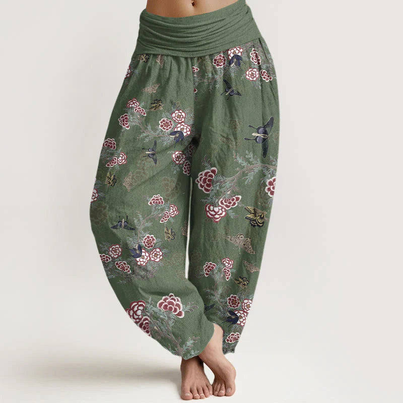 Buddha Stones Cotton Flowers Leaves Butterfly Pattern Women's Elastic Waist Harem Pants