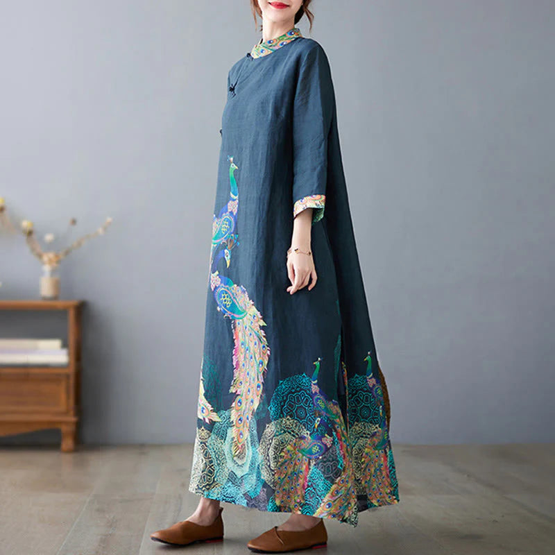 Buddha Stones Fall Colorful Peacocks Mandala Frog-Button Three Quarter Sleeve Cotton Women's Midi Dress