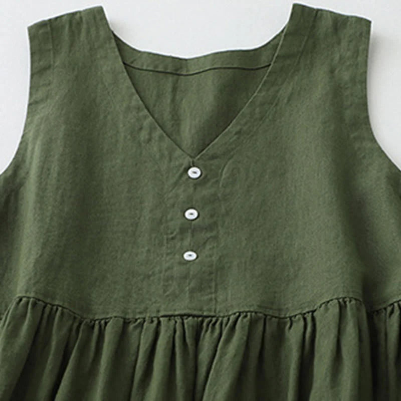 Buddha Stones Daily Casual Pure Color V-Neck Simple Buttons Design Sleeveless Midi Dress