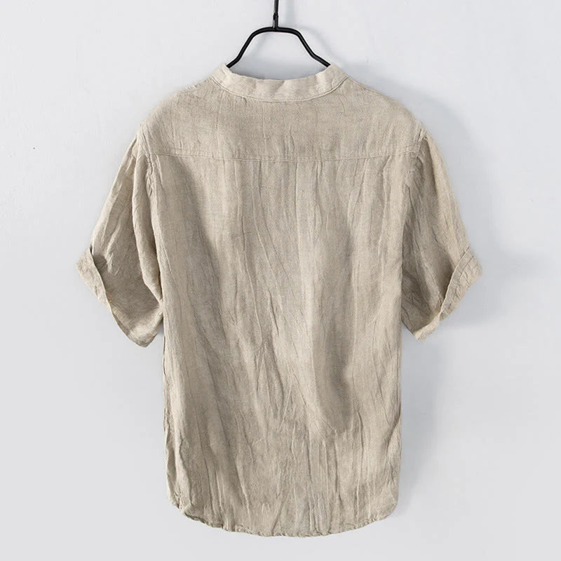 Buddha Stones Solid Color Short Sleeve Half Button Shirt Cotton Linen Men Clothing