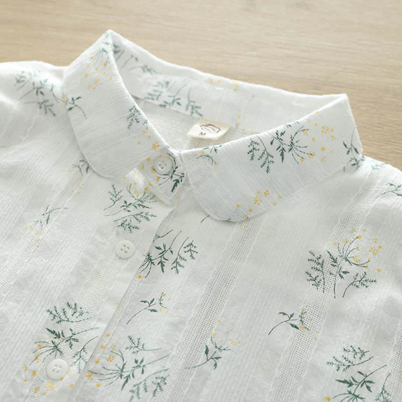 Buddha Stones Fall White Yellow Flowers Green Leaves Buttons Women's Cotton Long Sleeve Shirt