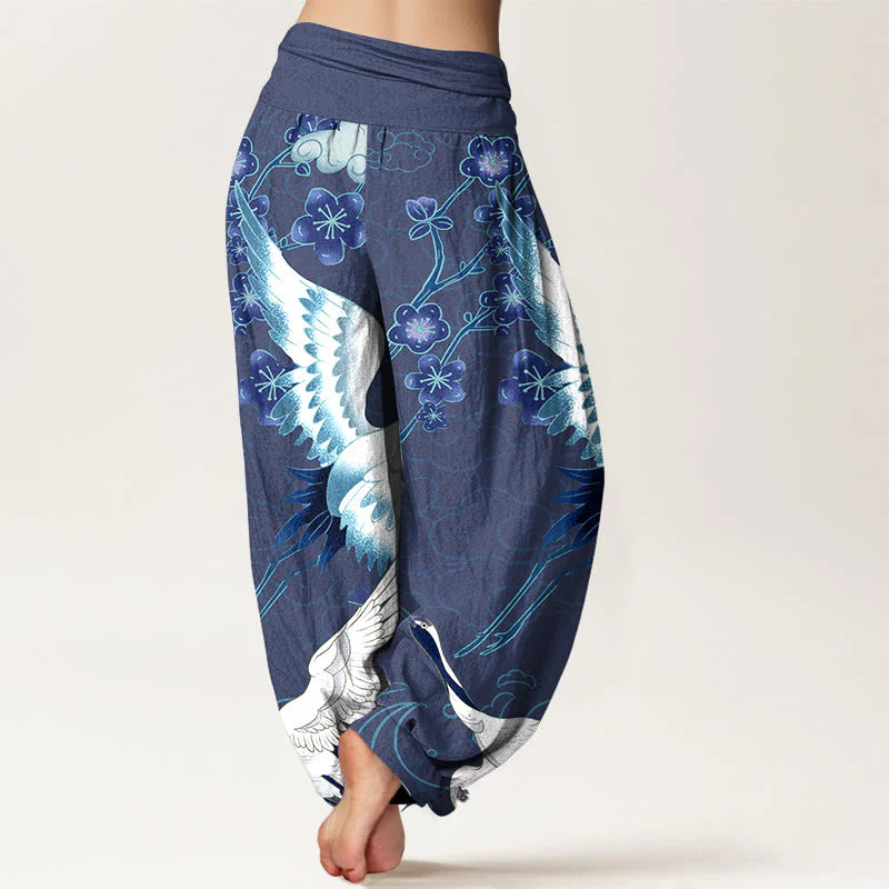 Buddha Stones Pure Cotton Cranes Flowers Clouds Patterns Women's Elastic Waist Harem Pants