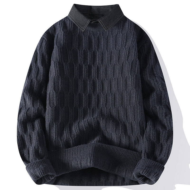Buddha Stones Winter Black Stand Collar Lines Design Warm Men's Long Sleeve Knitted Sweater