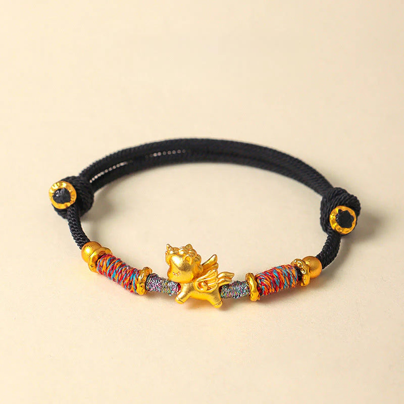 Buddha Stones Year of the Horse 999 Sterling Silver Plated Gold Braided String Rope Protection Bracelet