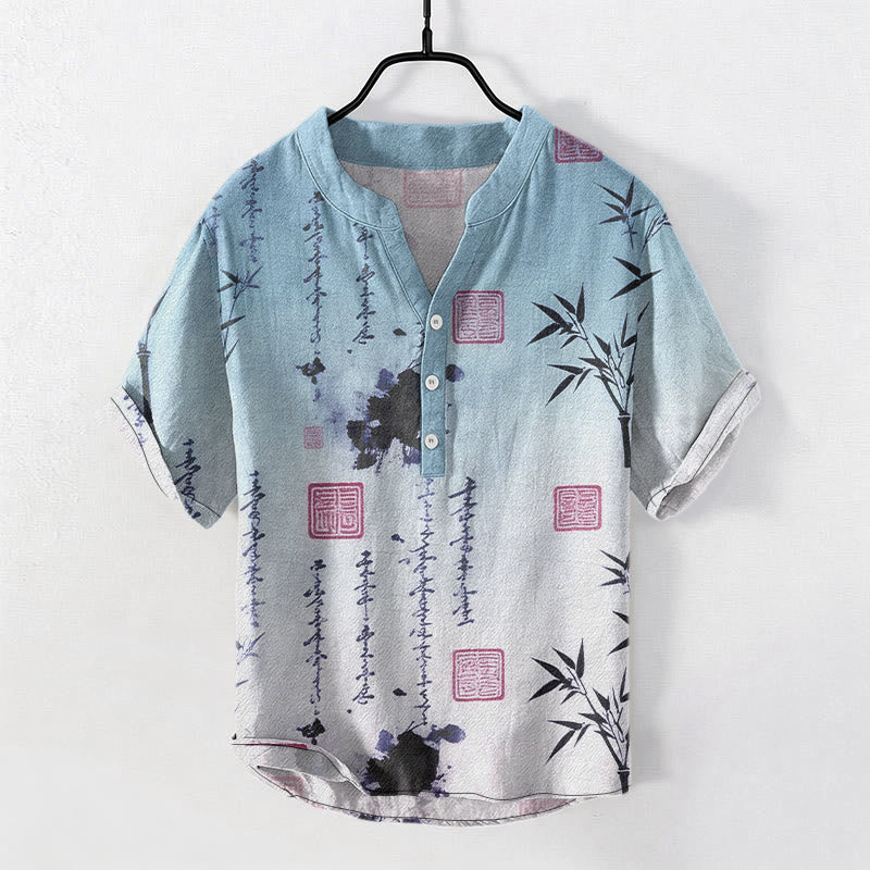 Buddha Stones Cotton Gradient Calligraphy Bamboo Ink Painting Pattern Men's Short Sleeve Half Button Shirt