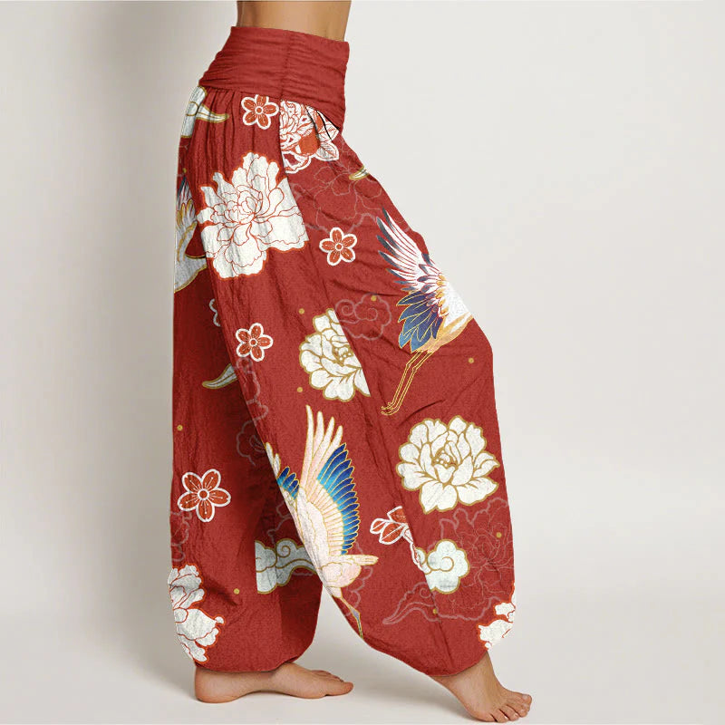 Buddha Stones Print Cranes Peonies Pattern Women's Elastic Waist Harem Pure Cotton Pants
