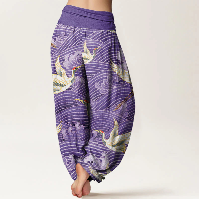 Buddha Stones Cotton Casual Crane Ocean Waves Pattern Elastic Waist Women's Harem Pants