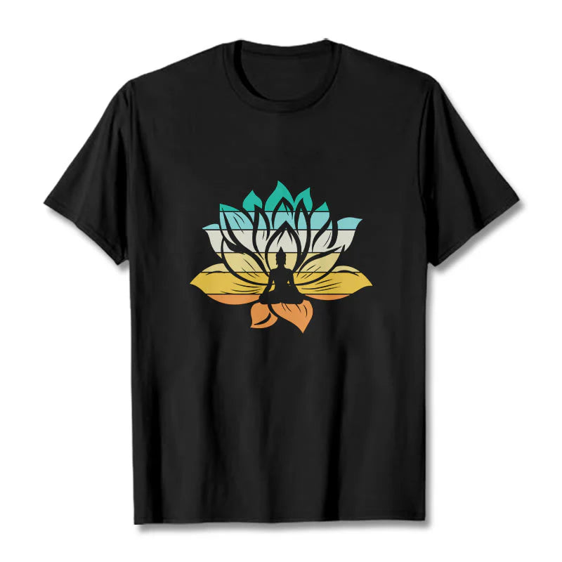 Buddha Stones Gradient-colored Lotus Flower Buddha Meditation Cotton Tee T-shirt