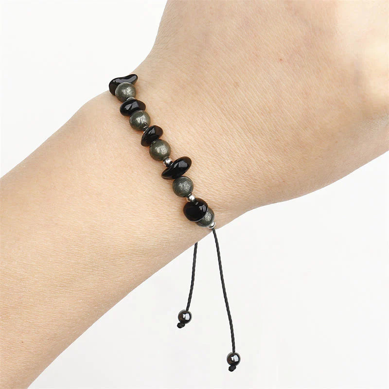 Buddha Stones I Am Protected Iron Pyrite Black Obsidian Fulfillment Bracelet